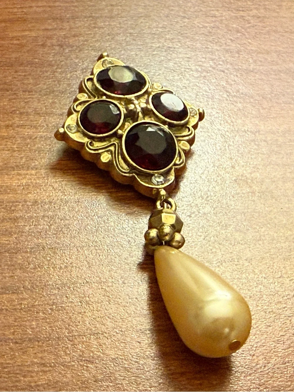 Vintage 1928 Red Cabochons with Pearl Drop Pin Brooch